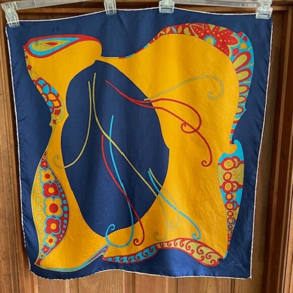 BURMEL Vintage Hand Rolled Bold Retro Print Blue Square Scarf - Picture 1 of 16